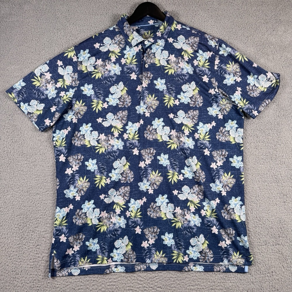 Johnnie O Polo Mens XL Blue Pensacola Lake Floral Performance Stretch Golf Shirt